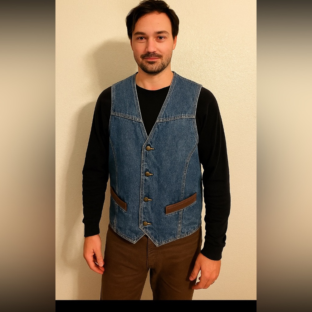 Vintage 1980’s Wrangler Blue Denim Men’s Vest Western Wear Leather Trim Large